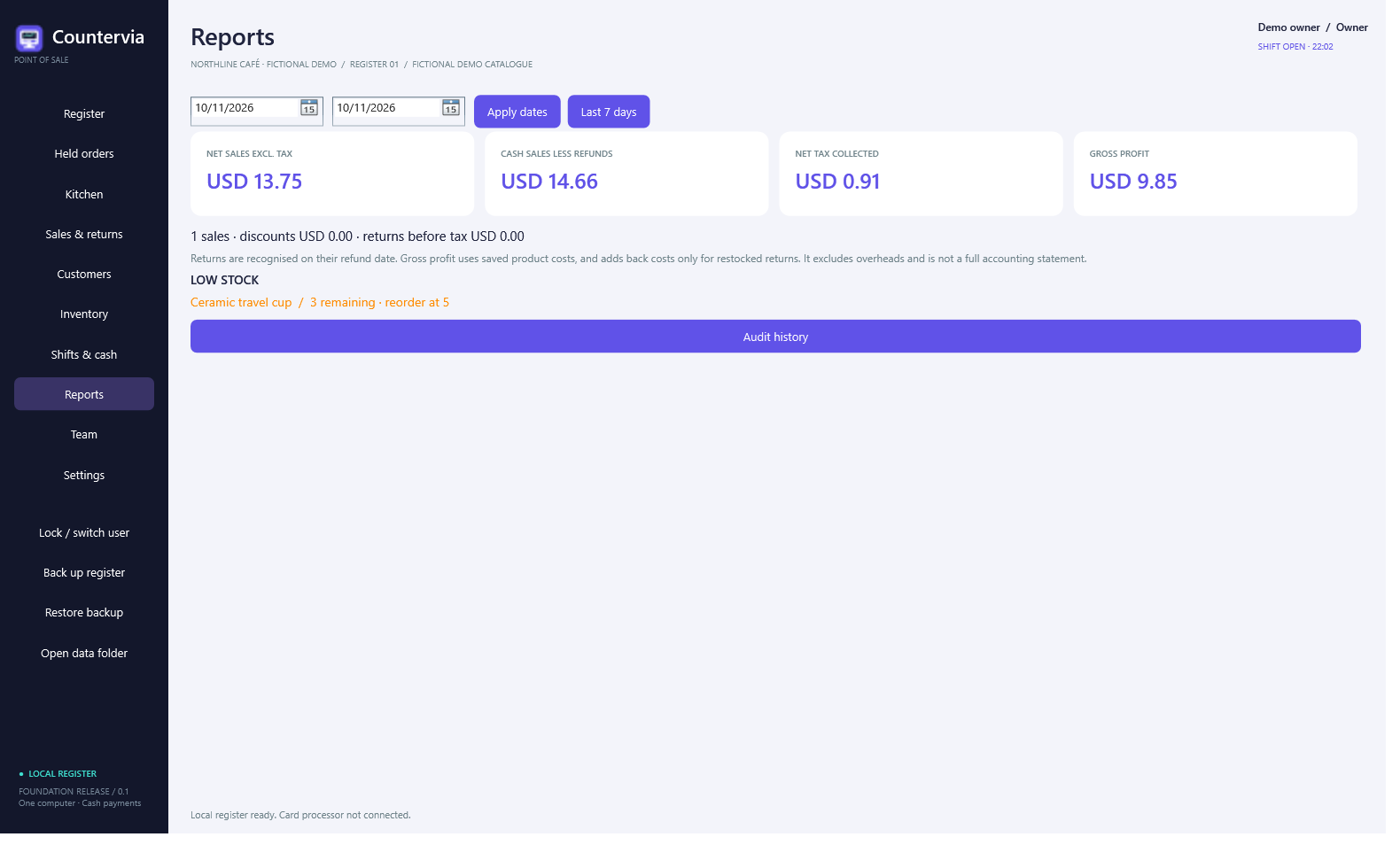 Countervia reports screen displaying fictional test sales
